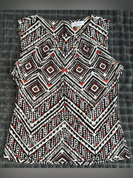 Calvin Klein Tops - Calvin Klein Med Black Rust Orange Red Print Sleeveless Top Blouse Accents (B7)